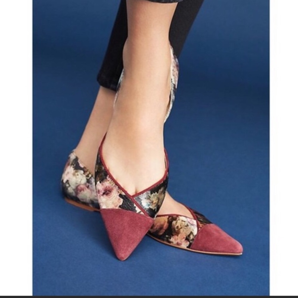 Anthropologie Floral Velvet Pointed D’Orsay Flats